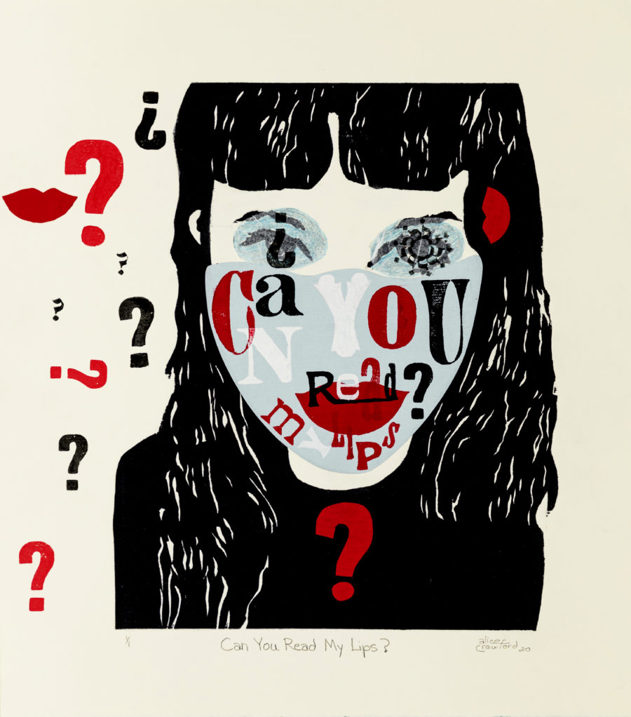 Screen print in blacks and reds. Text is overlaid on a woman's face that says Can you read my lips?