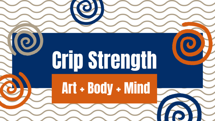 A background with greenish-brown wavy lines and overlapping greenish-brown, orange and blue spirals. A blue box in the middle contains the words Crip Strength. An orange box below contains the words Art plus Body plus Mind.