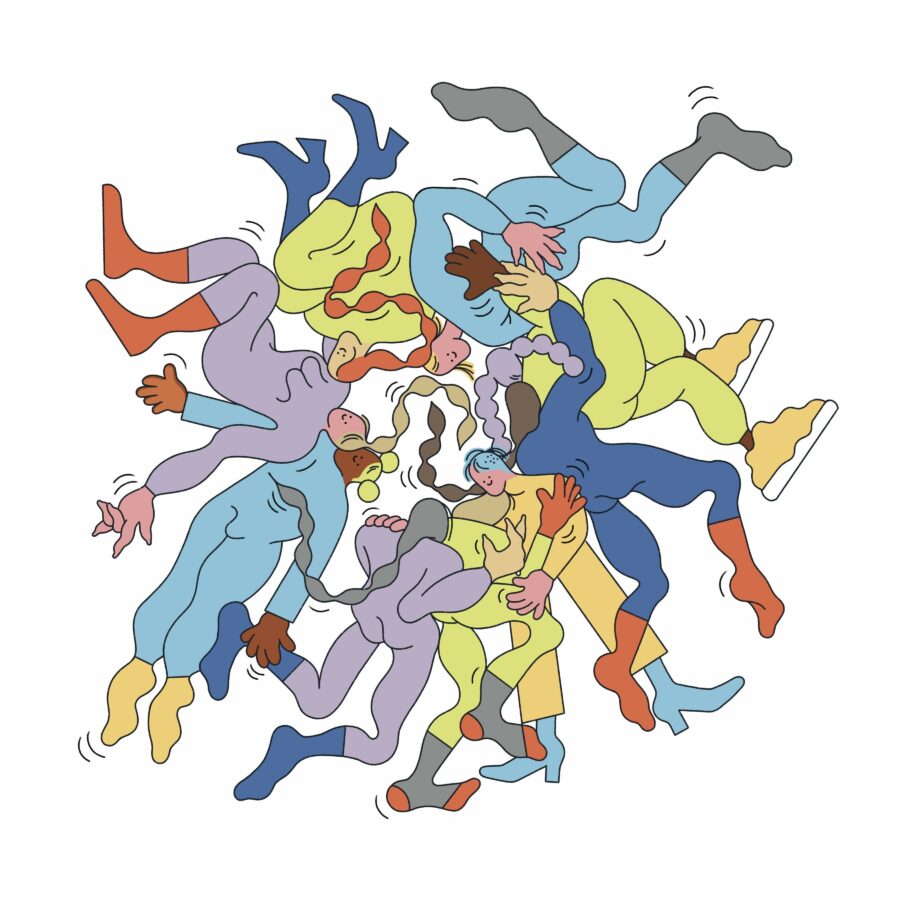 Illustration by Cato Cormier of cartoony people in a circle with their heads at the center and their feet pointing out.