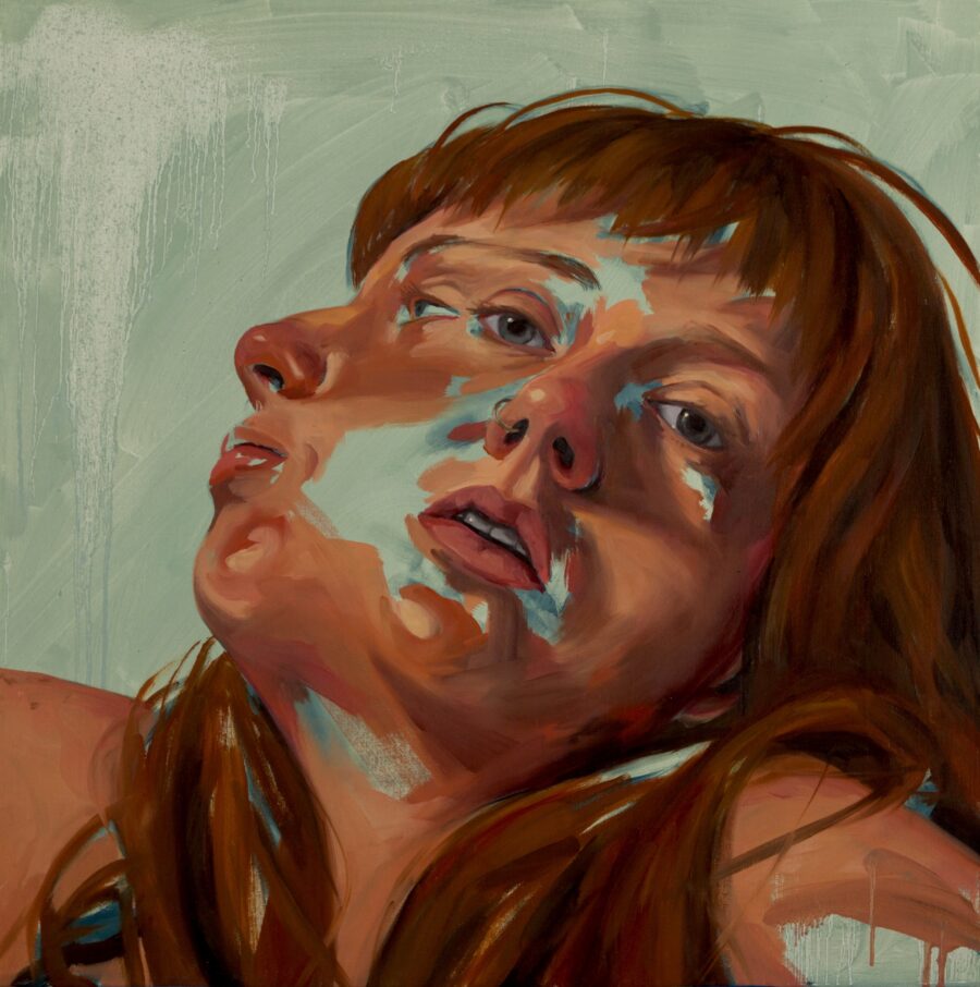 Painted self-portrait of Laura Lewis where her face is painted in two connected positions one facing the viewer and the other in profile. Lewis is a white woman with long red hair with bangs.