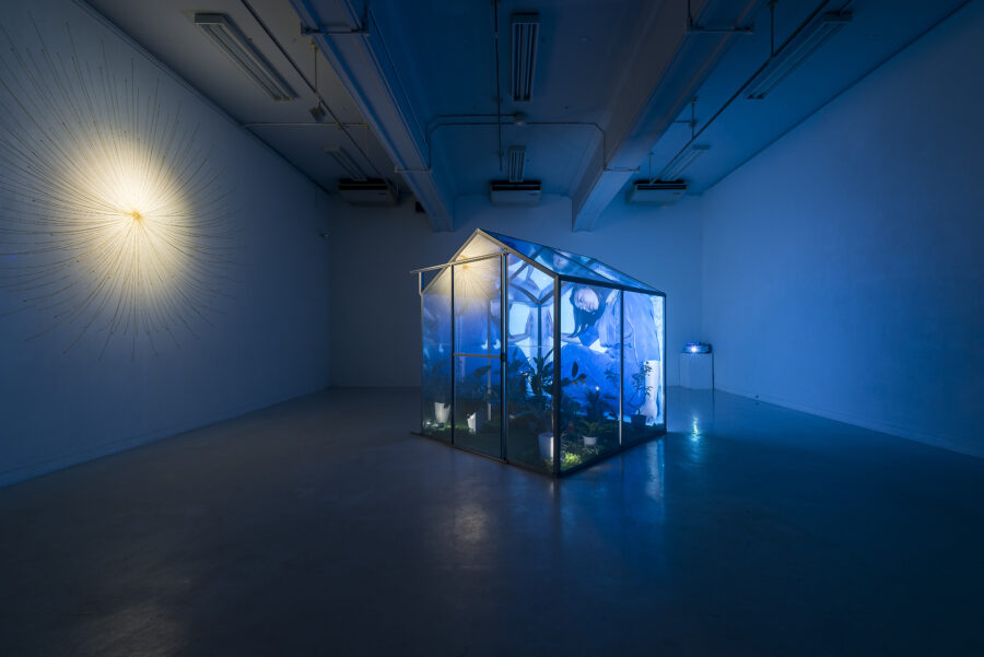 A small structure shaped like a house with transparent walls sits in a darkened gallery. The structure contains potted plants and a projection of a woman crouched over on the rear wall.