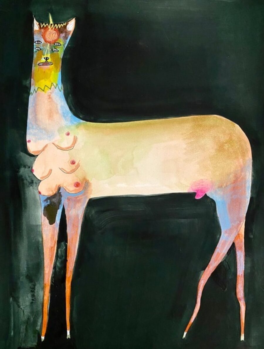 Watercolour painting of a deer like creature on a black background.