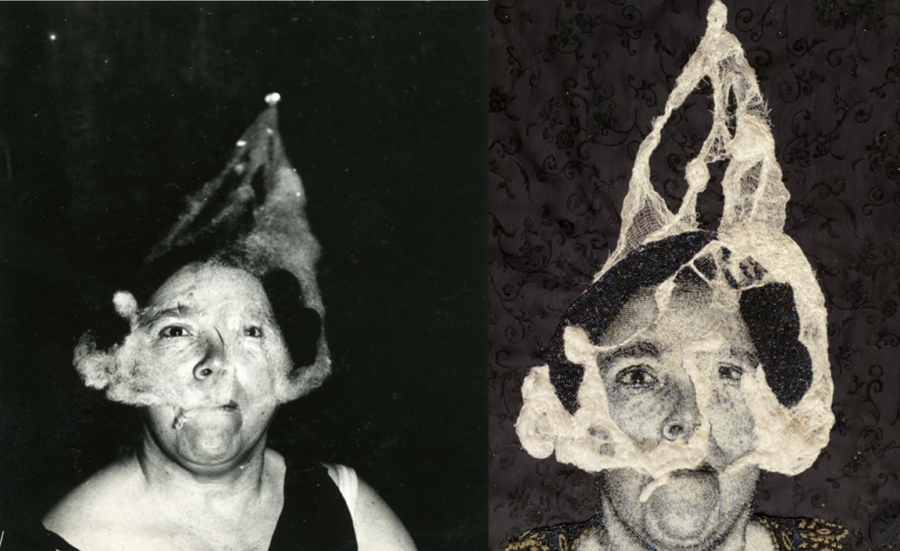 A photograph and a recreation of that photograph side by side. The black and white photo is of a woman seen from the shoulders up against a black background. A white substance that looks like steam or cotton batting emerges from her mouth. The recreation is made of beads and cheesecloth.