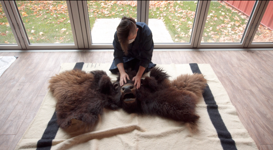 Michelle Wilson, Reclamation, video still, 2019. A skinned bison face lies on a blanket on the floor. A person kneels next to the head and puts their hands on its face.