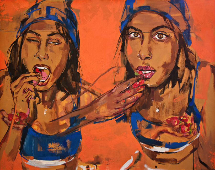 Painting of the same person side by side eating strawberries.