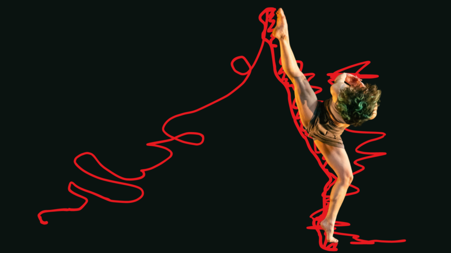 Photograph of Carol-Ann Bohrn dancing, one leg raised and hands behind back. Red scribble lines behind her.