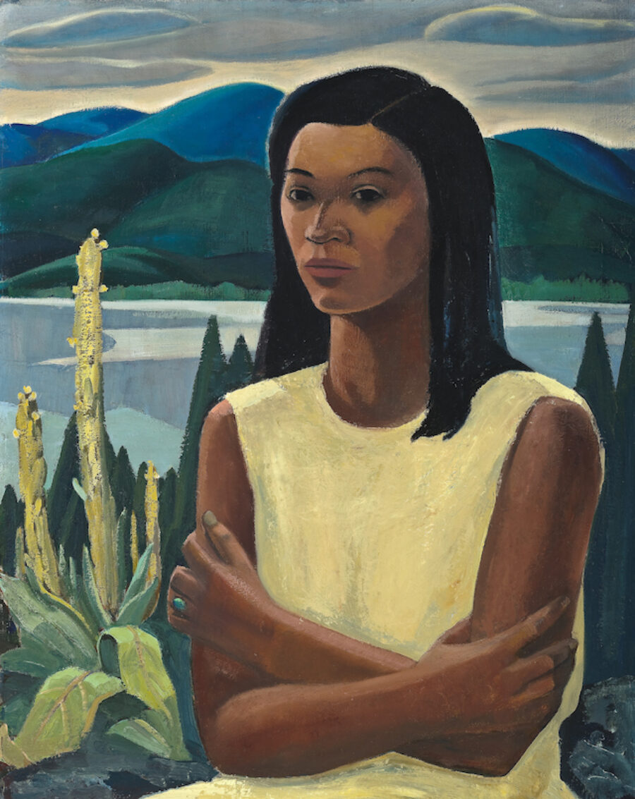 Painting of a person with brown skin and black hair wearing a yellow dress in front of a landscape with a river and rolling hills.