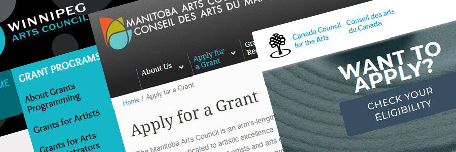 Overlapping screenshots from the websites of the Winnipeg Arts Council, Manitoba Arts Council and Canada Council for the Arts.