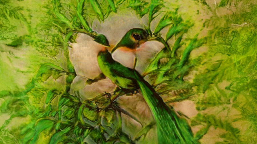 A generative AI print. Framed by a leafy background, a machine intelligence rendering of a bird perched on a branch in the centre of the image. The colours of the bird and leaves are multiple shades of green making the bird appear to be camouflaged. A black eye and peachy neck colour give away the bird's location in the image.)