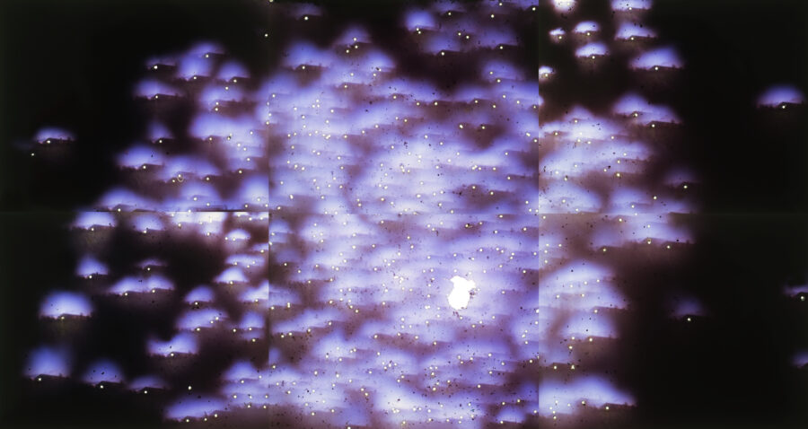 Artwork by Estelle Chaigne of many points of light with purplish auras exploding across a black background.
