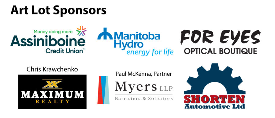 Logos for art lot sponsors Assiniboine Credit Union, Manitoba Hydro, For Eyes Optical Boutique, Chris Krawchenko Maximum Realty, Paul McKenna Partner Myers LLP Barristers and Solicitors and Shorten Automotive.