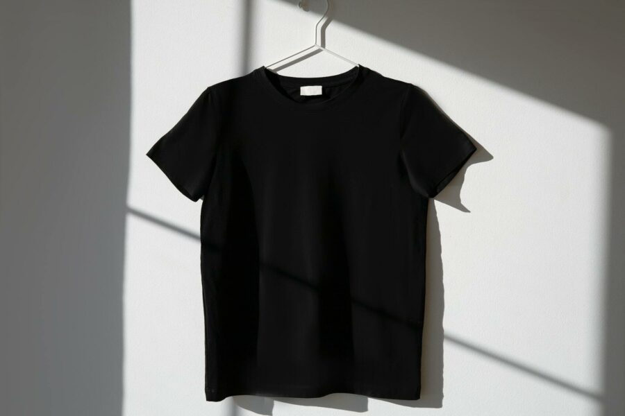 Blank black t-shirt hangs on a hanger against a white wall.