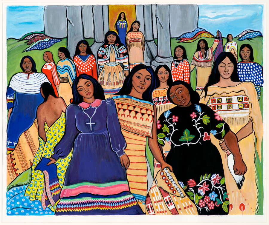 Painting by Sherry Farrell Racette of a crowd of Indigenous women emerging from the doorway of a grey building with columns into a green field wearing all different styles of colourful ribbon skirts, dresses and regalia.
