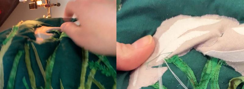 Two video stills side by side of close up of hands sewing green fabric.