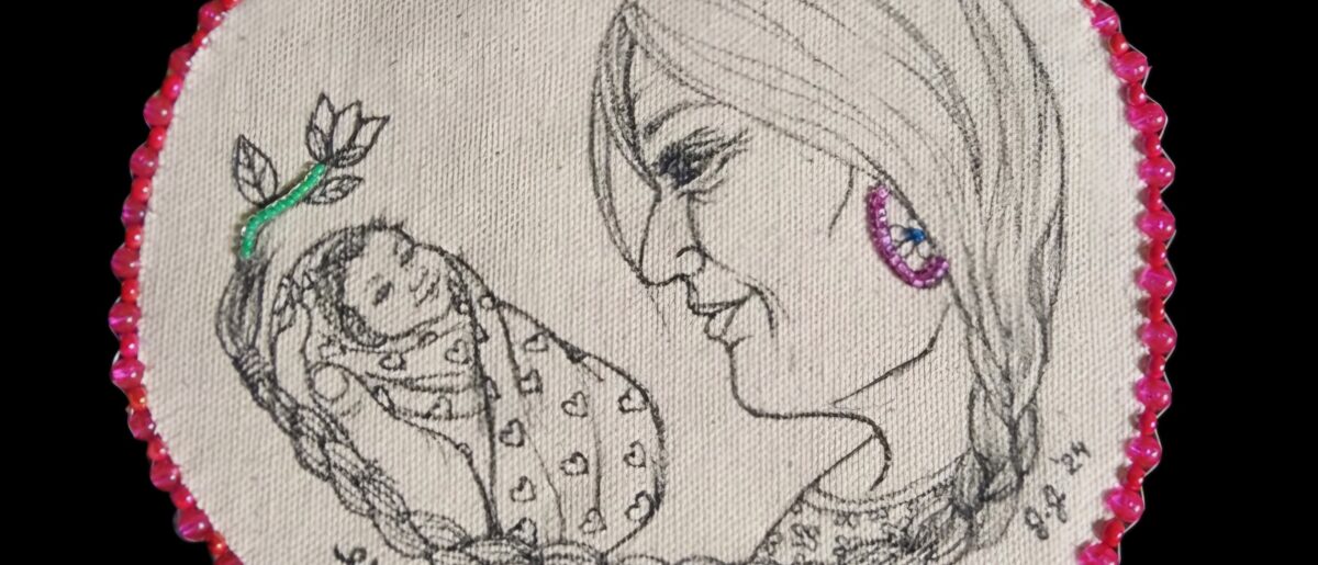 A drawing on a circular piece of canvas of an older woman's face looking at a baby wrapped in a blanket with the words 'every child matters'. The canvas is edged with pink beads.