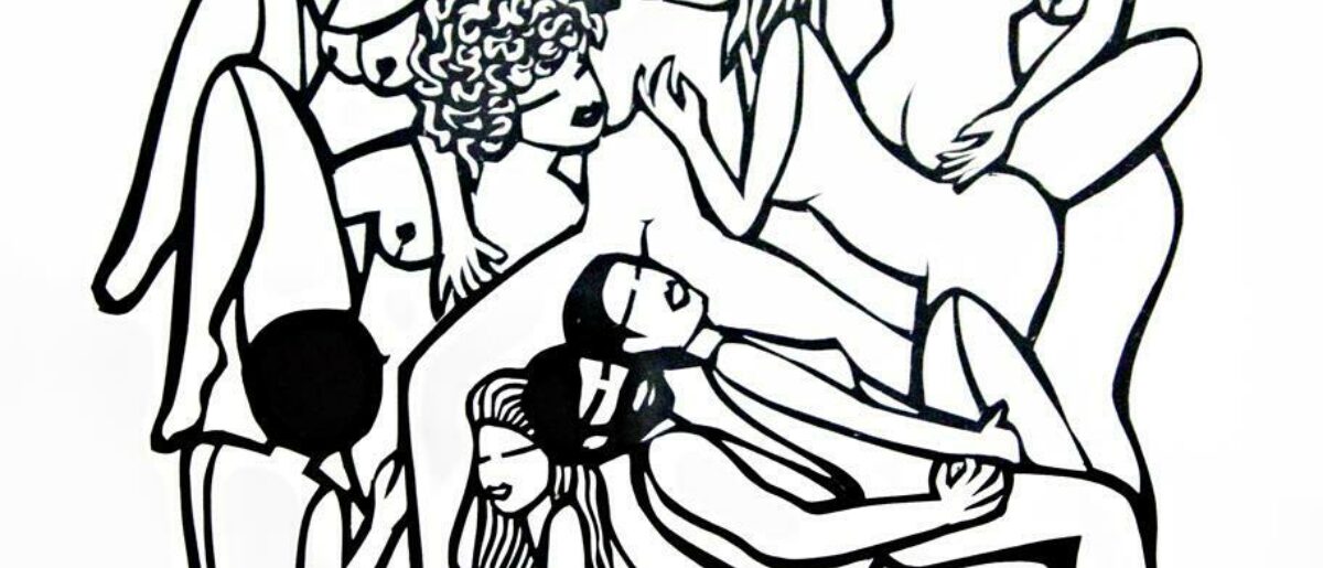 Cutout made with black paper on a white background of an orgy scene with many naked people pressed together. Artwork by Ariádine Menezes.