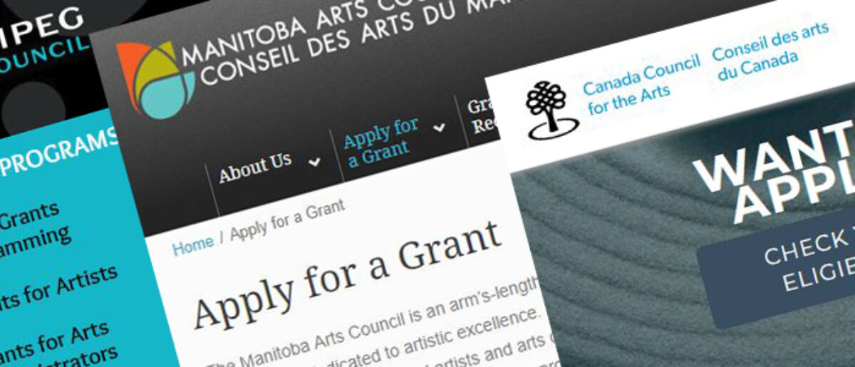 Overlapping screenshots from the websites of the Winnipeg Arts Council, Manitoba Arts Council and Canada Council for the Arts.