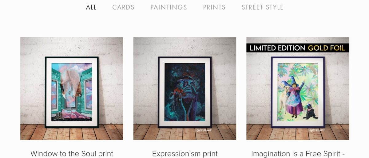 Screenshot of a website selling art.