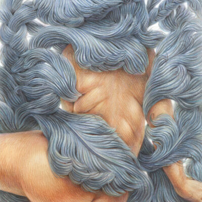 A detailed drawing of a nude figure seen from the back partially engulfed in blue grey formations of hair.