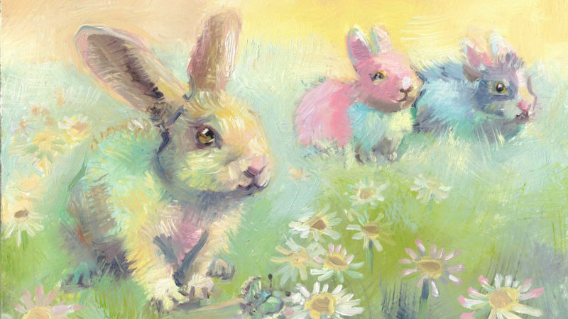 Painting of three rabbits in a field with daisies. The sky is a light yellow and the bunnies are painted in whites and pastel shades.