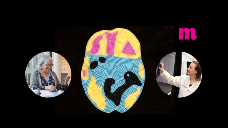 A beaded image of a brain scan by Ruth Cuthand in blue, yellow and pink on a black backround between a photo of Ruth Cuthand on the left and a photo of Dr. Sari Hannilla on the right.
