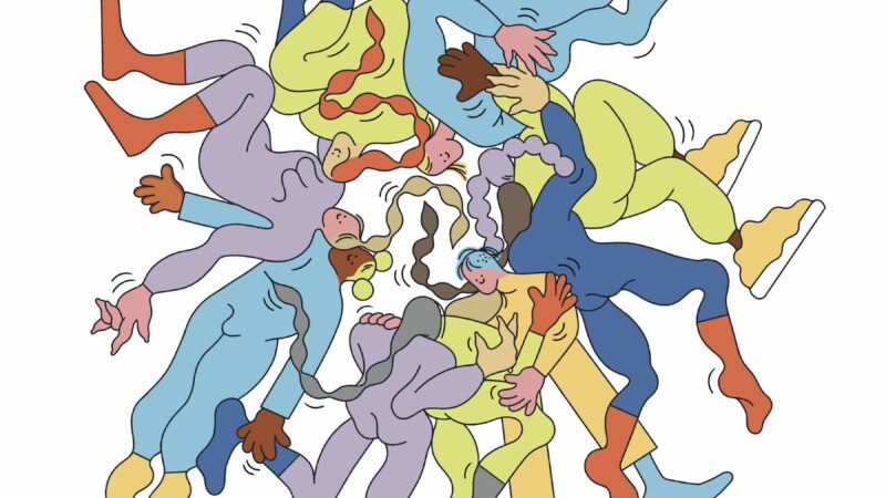 Illustration by Cato Cormier of cartoony people in a circle with their heads at the center and their feet pointing out.