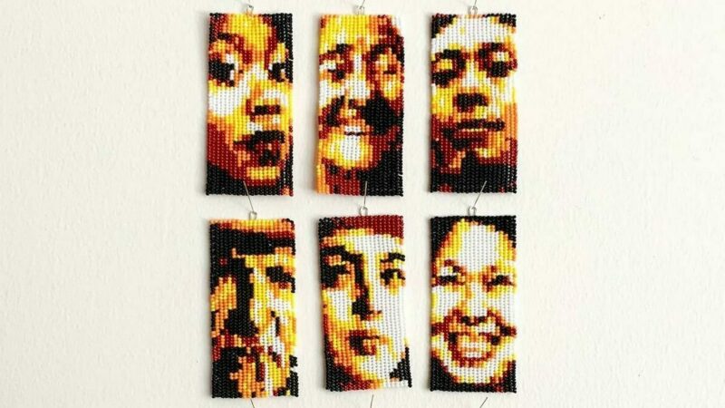 Six small beaded portraits by Vi Houssin. The pieces are rectangular and use yellow, brown and black beads to create portraits of different people's faces.