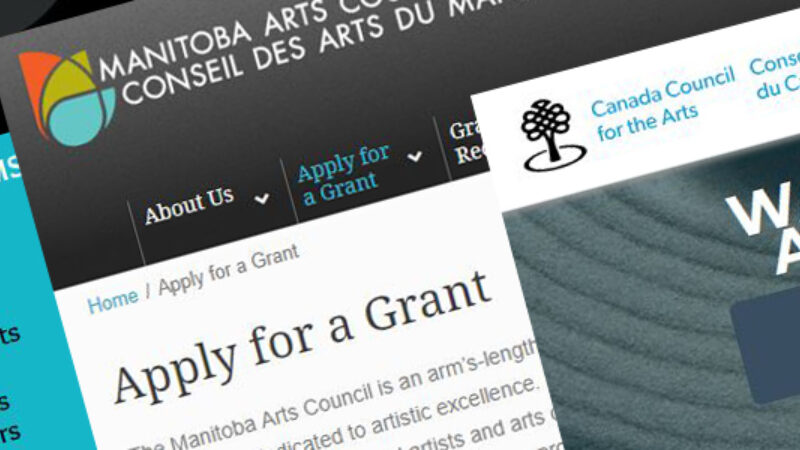 Overlapping screenshots from the websites of the Winnipeg Arts Council, Manitoba Arts Council and Canada Council for the Arts.