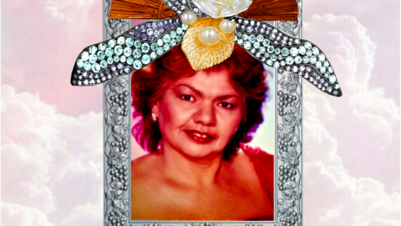 Digital collage featuring a photo of a woman in a sparkly silver frame over light pink clouds.