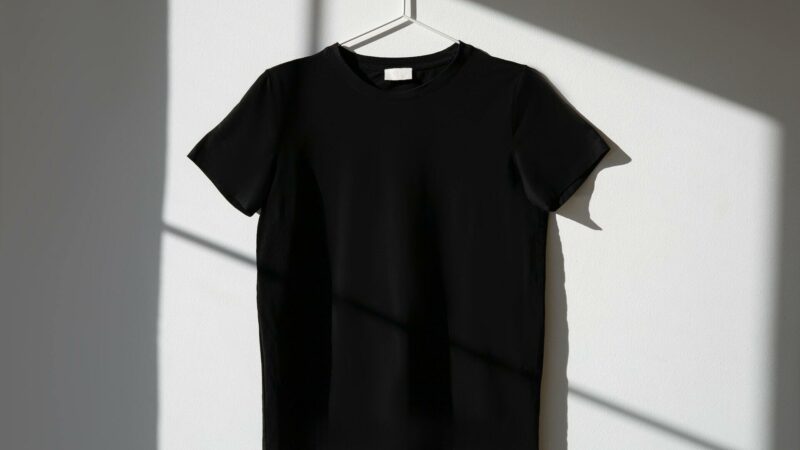 Blank black t-shirt hangs on a hanger against a white wall.